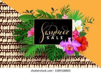 Summer sale background with orchid,hibiscus flowers and palm , monstera leaves for web designs