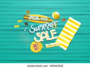 summer sale background, with painted wooden floor, and beach products.
