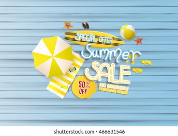 summer sale background, with painted wooden floor, and beach products.


