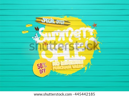 summer sale background, with painted wooden floor, and beach products.
