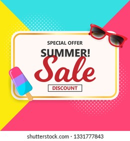 summer sale background with pallet color background for flyer, advertisement, banner and promotion. summer sale typography on white paper and golden frame