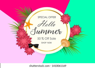 Summer sale background with palm leaves and flowers