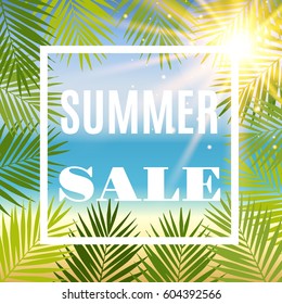 Summer sale background with palm and sun. Vector illustration