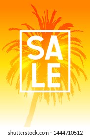 Summer sale background with palm tree silhouette on orange sky