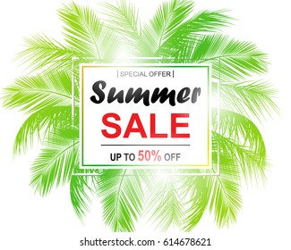 Summer sale background with palm. Vector background for banner, poster, card, postcard, cover, brochure.