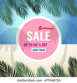 Summer sale background with palm. Vector background for banner, poster, flyer, card, postcard, cover, brochure.