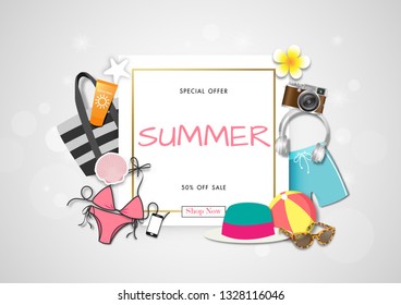 Summer sale background with paper art of summer accessories, vector illustration template, banners, Wallpaper, invitation, posters, brochure, voucher discount.