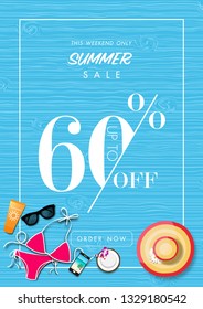 Summer sale background with paper art of summer accessories, vector illustration template, banners, Wallpaper, invitation, posters, brochure, voucher discount.