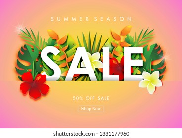 Summer sale background with paper art of tropical, vector illustration template, banners, Wallpaper, invitation, posters, brochure, voucher discount