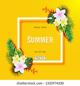 Summer sale background with paper art of tropical, vector illustration template, banners, Wallpaper, invitation, posters, brochure, voucher discount