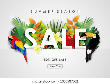 Summer sale background with paper art of tropical, vector illustration template, banners, Wallpaper, invitation, posters, brochure, voucher discount