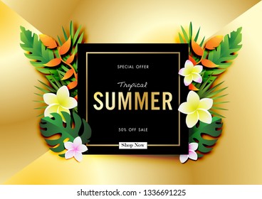 Summer sale background with paper art of tropical, vector illustration template, banners, Wallpaper, invitation, posters, brochure, voucher discount