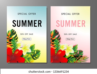 Summer sale background with paper art of tropical, vector illustration template, banners, Wallpaper, invitation, posters, brochure, voucher discount