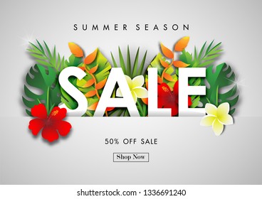 Summer sale background with paper art of tropical, vector illustration template, banners, Wallpaper, invitation, posters, brochure, voucher discount