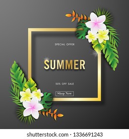 Summer sale background with paper art of tropical, vector illustration template, banners, Wallpaper, invitation, posters, brochure, voucher discount