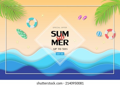 Summer sale background with paper cut tropical beach and equipment on sand beach, design for poster, web banner, voucher discount or shopping promotion, vector illustration