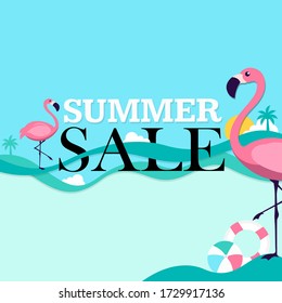 Summer sale background with pink flamingos. vector illustration