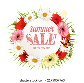 Summer sale background with poppies, daisies, herber flowers and butterfly. Vector.