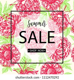 Summer sale background with raspberry and leaves. Vector illustration. Hand drawn. 