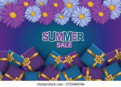 Summer sale background. Realistic blue and purple daisy flowers and gift boxes. Vector illustration.