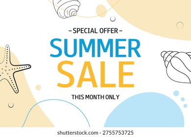 Summer Sale background with sea shells in doodle style. Special Offer. This month only. Template for design, banner, flyer, poster, advertising, online store, shop window, promotion.