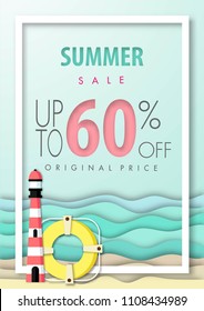 Summer sale background ,sixty percent off, beautiful beach paper art style with frame vector illustration template