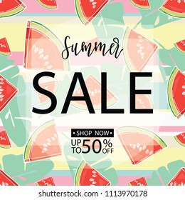 Summer sale background with sliced watermelons. Vector illustration. Hand drawn. 