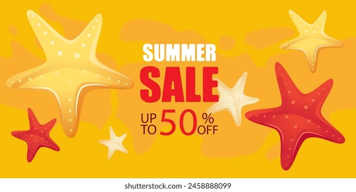 Summer Sale. Summer background with starfish. Vector illustration.