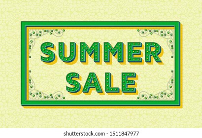 Summer sale background template with retro stylized typography. 3d font with colored buttons, ornate swirls frames and borders. Vector illustration.