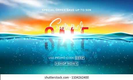 Summer sale background template. Vector illustration with deep underwater ocean scene. Background with realistic clouds and marine horizon. 