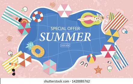 Summer sale background with tiny people,umbrellas, ball,swim ring,sunglasses,starfish,hat,sandals in the top view pool.Vector summer banner