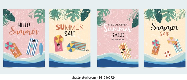 Summer sale background with tiny people,umbrellas, ball,swim ring,sunglasses,surfboard,hat,sandals in the top view beach.Vector summer banner