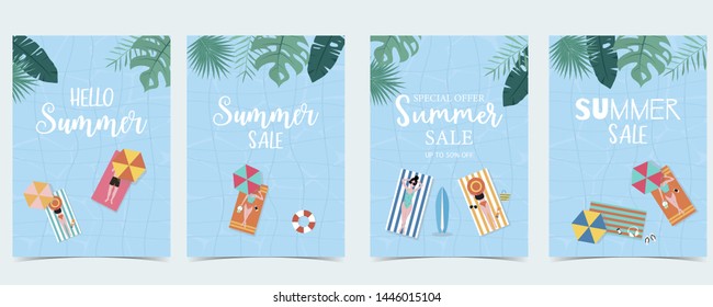 Summer sale background with tiny people,umbrellas, ball,float  in the top view pool.Vector summer banner