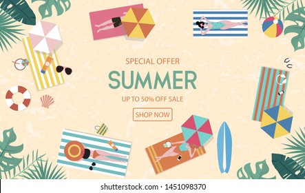 Summer sale background with tiny people,umbrellas, ball,swim ring,sunglasses,surfboard,hat,sandals in the top view beach.Vector summer banner