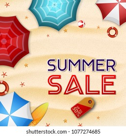 Summer sale background. Top view of many umbrellas, surfboard, buoy, starfish, and beach ball