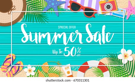 Summer sale background. Top view with sunglasses, sun screen, starfish, camera, flip flop, lifebuoy, flower and leaf on blue wooden background. Season vacation, weekend. Vector Illustration.