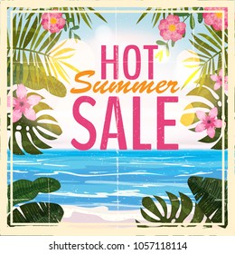 Summer sale background with tropical flowers and beach, sea. Retro, vintage. Vector background for banner, poster, flyer, card, postcard, cover, brochure.