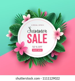 Summer sale background with tropical flowers and palm leaves. Vector illustration.