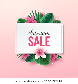 Summer sale background with tropical flowers and palm leaves. Vector illustration.
