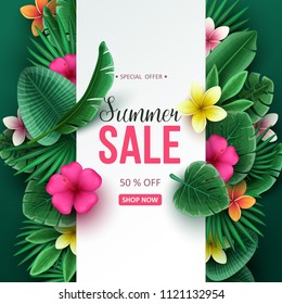 Summer sale background with tropical flowers and palm leaves. Vector illustration.