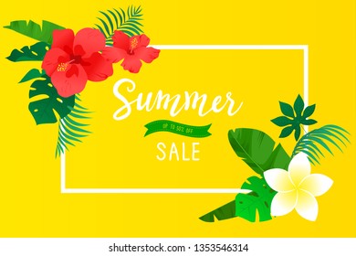 Summer sale background with tropical flowers and leaves.