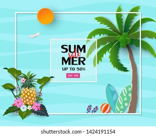 Summer sale background with tropical flowers and leaves for banner,flyer,poster,website,invitation,voucher discount or greeting card,vector illustration