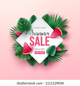 Summer sale background with tropical fruits and palm leaves. Vector illustration.
