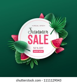 Summer sale background with tropical fruits and palm leaves. Vector illustration.
