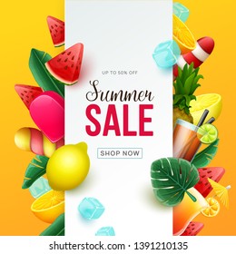 Summer sale background with tropical fruits, cocktails and sweets. Vector illustration.