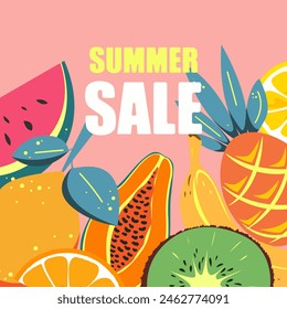 Summer Sale. Summer background with tropical fruits.Hello summer.Summer season. Vector illustration.