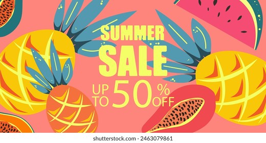 Summer Sale. Summer background with tropical fruits.Hello summer.Summer season. Vector illustration.