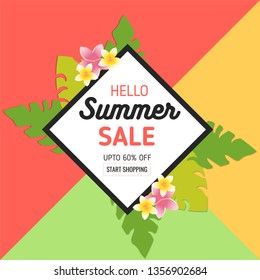 Summer Sale Background with Tropical Leaves and Flowers in realistic style and frame. Used for Invitation, Posters, Flyer, Brochure, Voucher Discount.