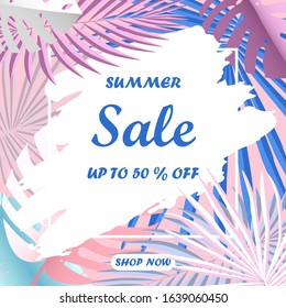 summer sale background with tropical leaves frame and brushstroke, vector illustration