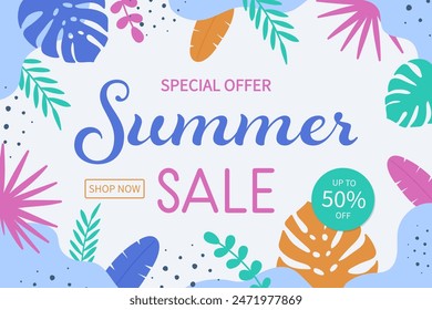 Summer Sale background with tropical leaves. Holiday promotion. Vector illustration